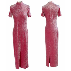 Vintage Pink Crushed Velvet Maxi Dress Women’s Size 10 Back Zip Short Sleeve